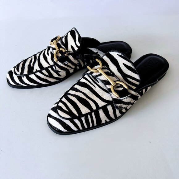 NEW ZARA Calf Hair Leather Zebra Print Mules Open Back Loafer - Picture 9 of 16